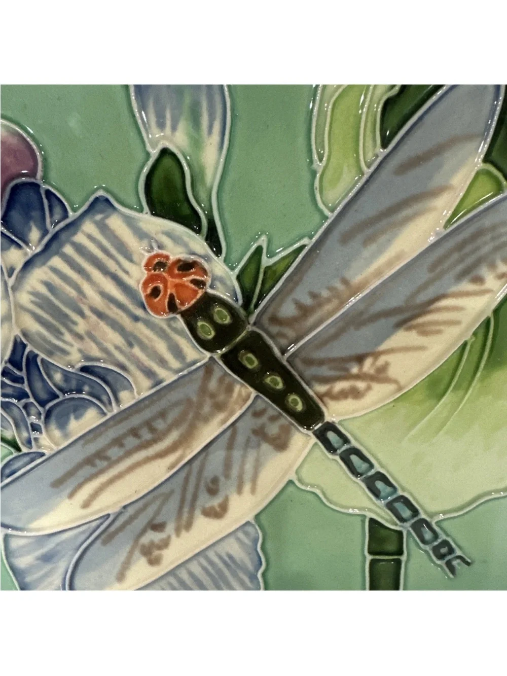 Ceramic Vintage Hand Painted Art Tile w/ Dragonfly Design Wall Hanging 8”x8”